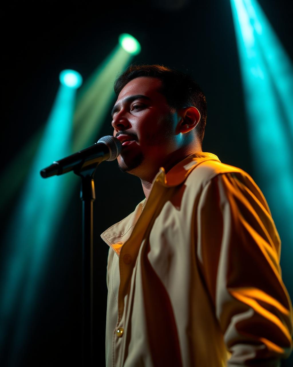 Performer singing under stage lights