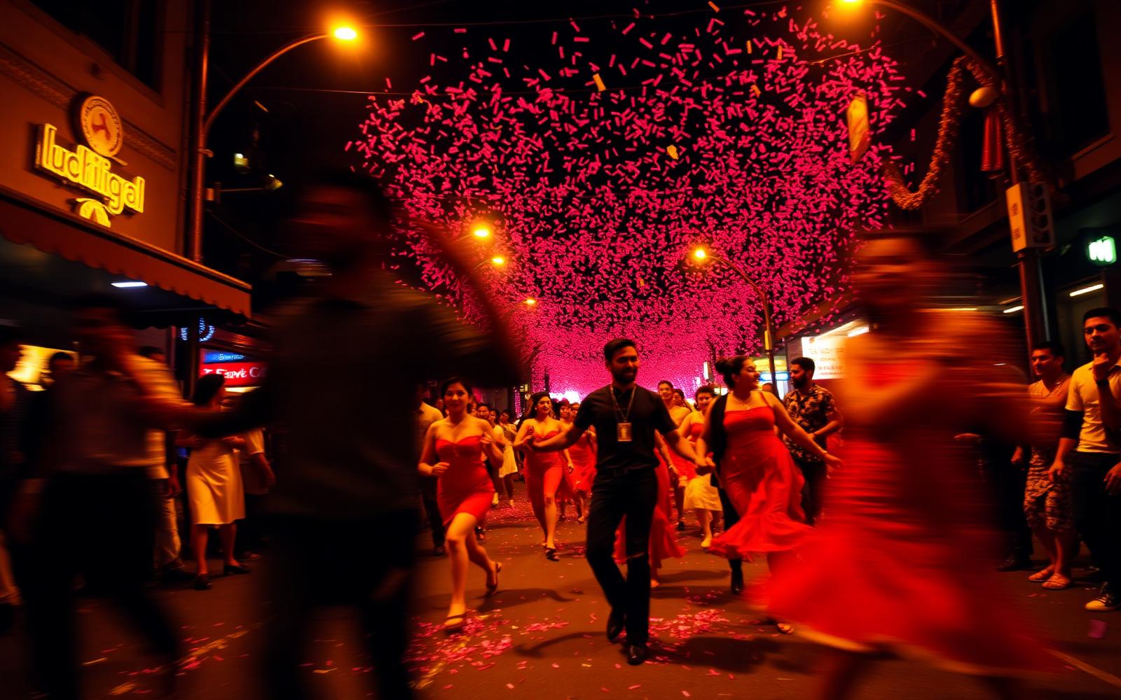 Street celebration with dancers at night