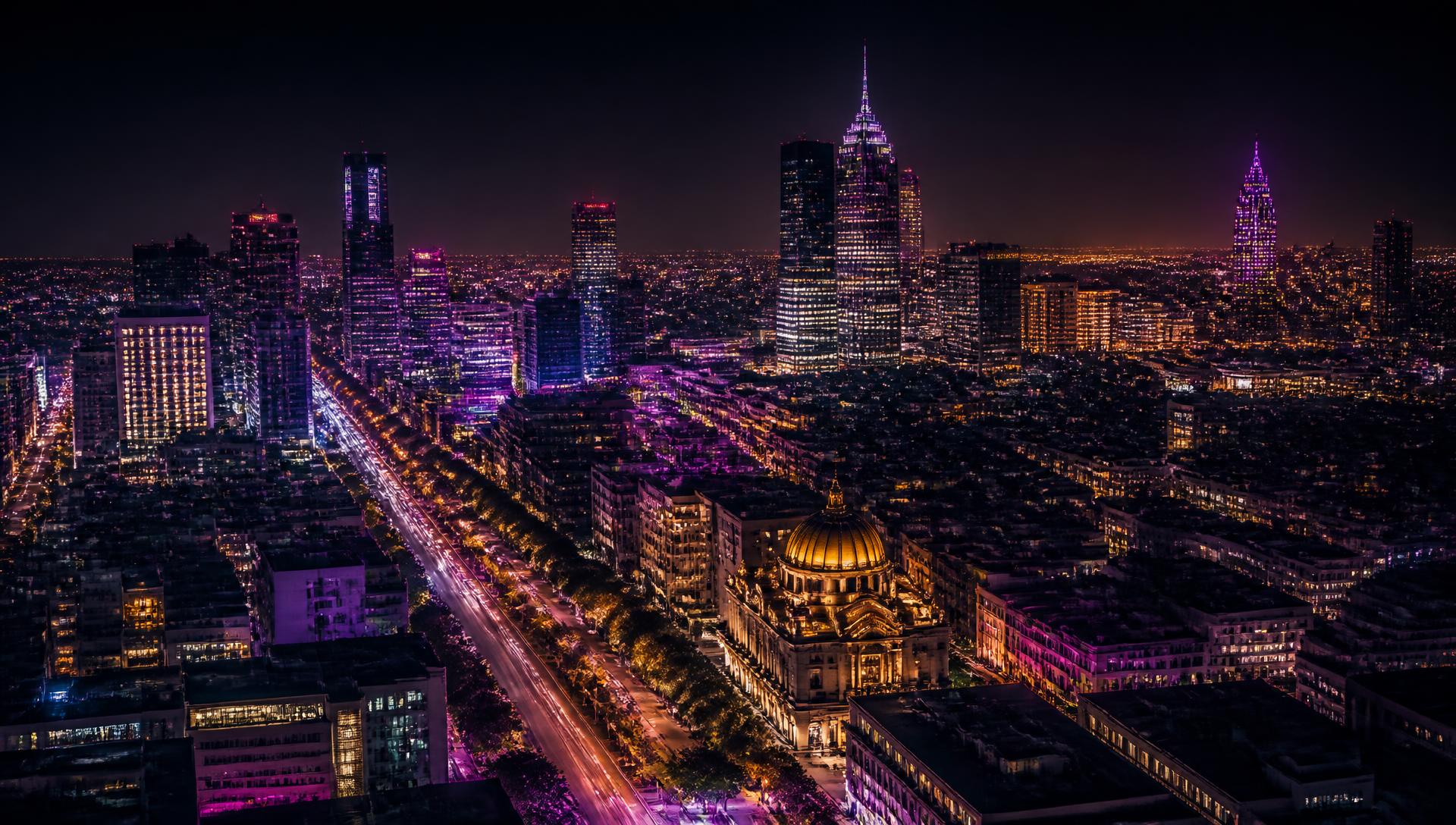 Latin American city skyline glowing at night