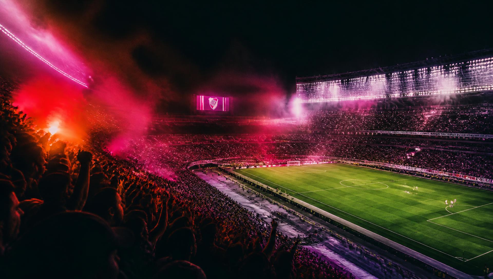 Floodlit stadium filled with fans at night