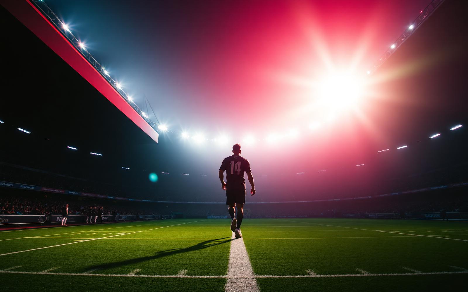 Player walking out of a stadium tunnel into the lights